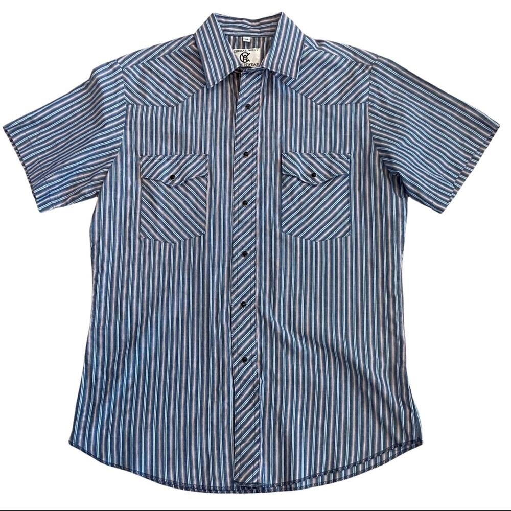 Corral West Ranchwear Blue Vertical Stripe Collard Snap Button Up Shirt Medium